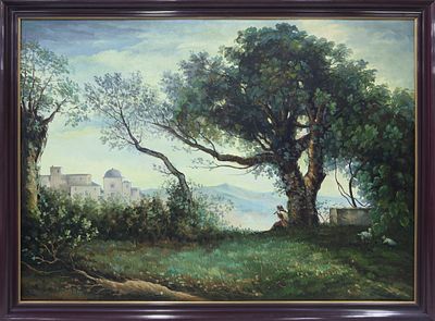 "BAJO EL &Aacute;RBOL". &Oacute;leo sobre lienzo Escena paisaj&iacute;stica a las afueras de una ciudad que muestra a 