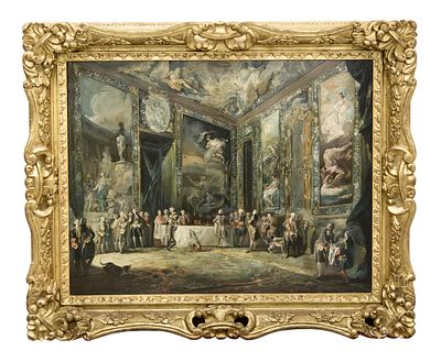 "CARLOS III COMIENDO ANTE SU CORTE" COPIA DEL ORIGINAL DE LUIS PARET Y ALC&Aacute;ZAR. &Oacute;leo sobre tabla 