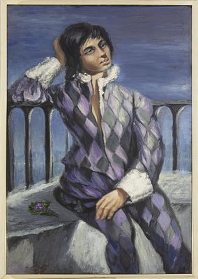 "ARLEQU&Iacute;N". M&ordf; &Aacute;NGELES MARTANO (Madrid, 1927) &Oacute;leo sobre t&aacute;blex Se muestra a una arlequina 