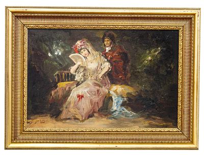 "ESCENA GALANTE". ESCUELA GOYESCA, FF S.XIX &Oacute;leo sobre tabla Muestra el momento en el que un 