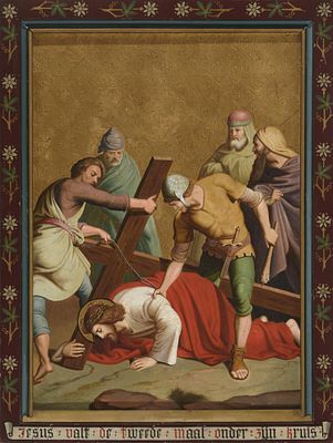 "JES&Uacute;S CAE POR SEGUNDA VEZ". ESCUELA CENTROEUROPEA S.XIX &Oacute;leo sobre lienzo Copia de una obra 