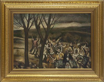 "PROCESI&Oacute;N CON M&Aacute;SCARAS" (S.XX). SEGUIDOR DE 'JOS&Eacute; GUTI&Eacute;RREZ SOLANA' &Oacute;leo sobre lienzo Con marco 