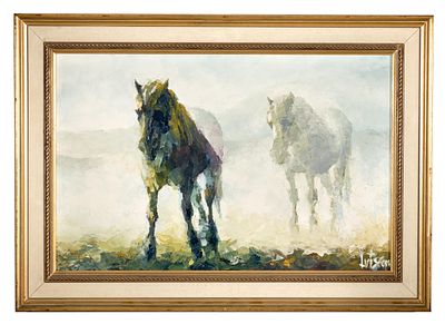 "CABALLOS EN EL CAMPO". LUISSON (1922-1995) &Oacute;leo sobre tabla Pareja de caballos en el campo 