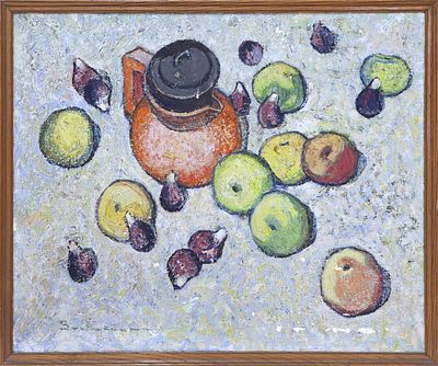 "BODEG&Oacute;N CON CAFETERA Y MANZANAS". JOS&Eacute; SANTI&Aacute;&Ntilde;EZ (Barcelona, 1922) &Oacute;leo sobre lienzo Firmado en 
