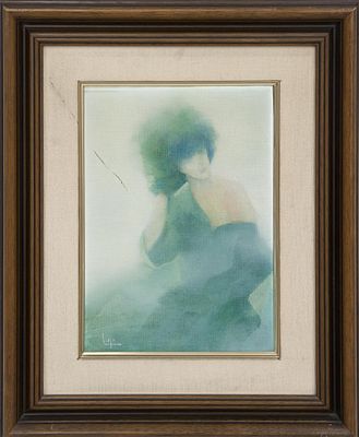 "MUJER EN AZUL". ESCUELA CONTEMPOR&Aacute;NEA &Oacute;leo sobre tabla Firma ilegible en el &aacute;ngulo inferior 