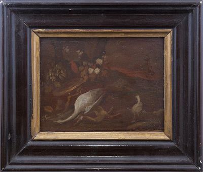 "BODEG&Oacute;N DE FLORES Y AVES". ESCUELA ESPA&Ntilde;OLA DEL SIGLO XX &Oacute;leo sobre tabla Enmarcado con marco 