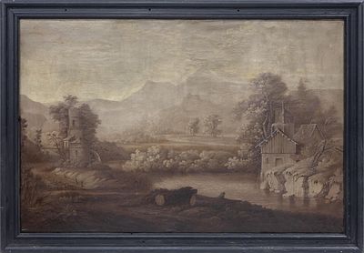 "PAISAJE CON R&Iacute;O". ESCUELA ESPA&Ntilde;OLA S.XIX &Oacute;leo sobre lienzo Enmarcado con peque&ntilde;o desperfecto. 