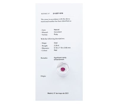 RUB&Iacute; NATURAL DE COLOR ROJO INTENSO SIN MONTAR EN TALLA OVAL DE 2.29 CT. Lote compuesto por un 