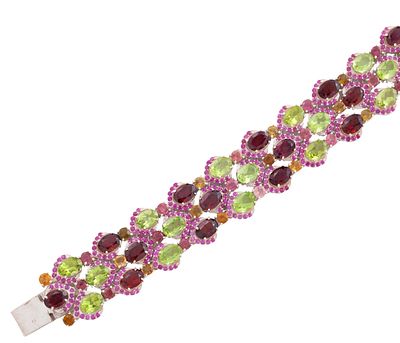 PULSERA-BRAZALETE EN PLATA DE LEY 925 CON PERIDOTOS, GRANATES, CITRINOS, TURMALINAS MULTICOLOR 