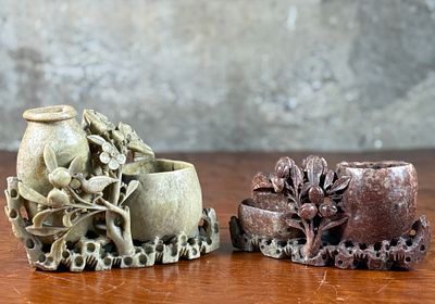 PAIR OF CHINESE CARVED SOAPSTONE SCULPTURES. This lot features a pair of vintage Chinese carved 