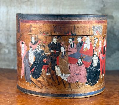 CHINESE ROUND WOOD BOX BUCKET WITH PAINTED SCENE. This lot features a vintage Chinese round wood 