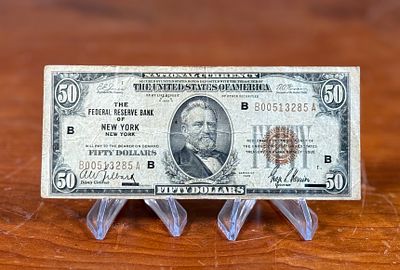 1929 $50 FEDERAL RESERVE BANK NOTE. This lot features a 1929 $50 Federal Reserve Bank Note from 