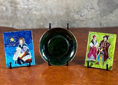 ENAMEL ART TILES & TRAY. This lot features a pair of enamel artwork tiles and a tray. Work of 