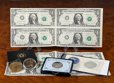 UNCUT $1 BILLS & COLLECTIBLE COINS. This lot features two uncut sheets of four (4) $1 bills 