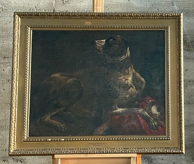 AFTER FLEMISH PAINTING, "MASTIFF DEVOURING A HEARTH". "Mastiff Devouring a Hearth", an original 