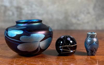 PAIR OF STUDIO MADE IRIDESCENT VASES & PAPERWEIGHT. This lot features a collection of (3) 