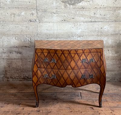 ITALIAN PARQUETRY INLAID BOMBE COMMODE. This lot features an antique two-drawer Italian 