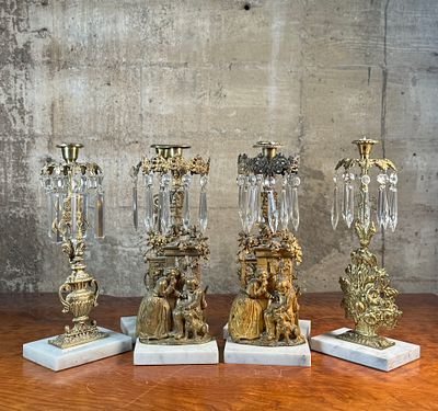 THREE PAIRS OF VICTORIAN BRASS & MARBLE GIRANDOLE CANDLESTICKS. This lot features three (3) 