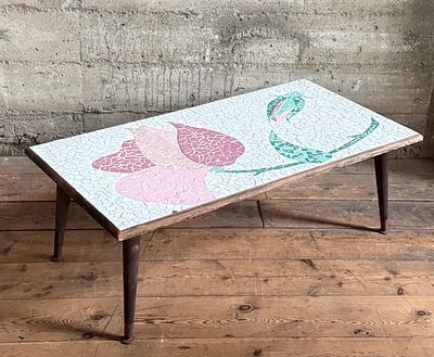 MID-CENTURY MOSAIC TILE COFFEE TABLE. This lot features a vintage mid-century mosaic tile coffee 