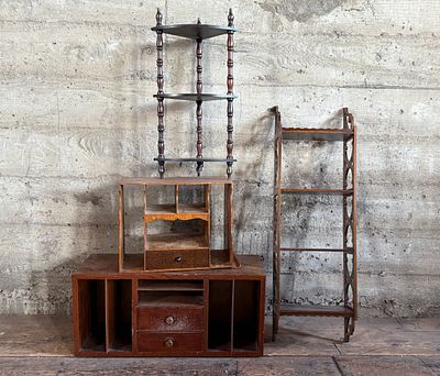 WOOD ORGANIZERS & WALL SHELF COLLECTION. This lot features a collection of antique wood 