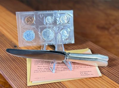 1964 SILVER PROOF SET & STERLING SILVER KNIVES. This lot features a 1964 silver proof set and 