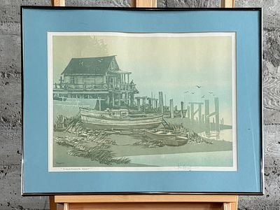 ROGER BERGHOFF, "FISHERMAN'S REST". "Fisherman's Rest", a signed print by listed artist, Roger 