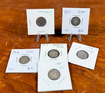 BARBER DIME COLLECTION. This lot features a collection of six (6) silver Barber dimes.