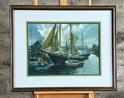 "EVENING HARBOR", FRAMED PRINT. "Evening Harbor", a professionally framed print that measures in 