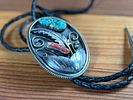 SILVER BOLO TIE WITH TURQUOISE AND CORAL ACCENTS. Silver bolo tie featuring a decorative oval Image - 2