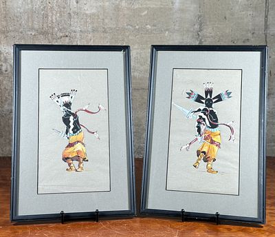 PAIR OF NATIVE AMERICAN PAINTINGS, "APACHE GAAN DANCERS". This lot features a pair of Native 