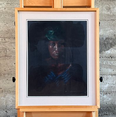 FRAMED PORTRAIT WITH DARK TONAL PALETTE AND WOMAN IN GREEN HEADDRESS. Framed portrait of a woman 