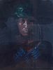 FRAMED PORTRAIT WITH DARK TONAL PALETTE AND WOMAN IN GREEN HEADDRESS. Framed portrait of a woman Image - 1