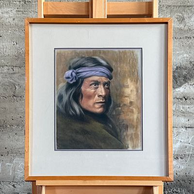 RITA, FRAMED PORTRAIT. A framed painting depicting a portrait of a man wearing a purple 