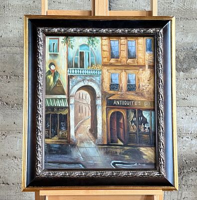 EUROPEAN STOREFRONT SCENE, OIL PAINTING. This lot features an original oil painting depicting a 