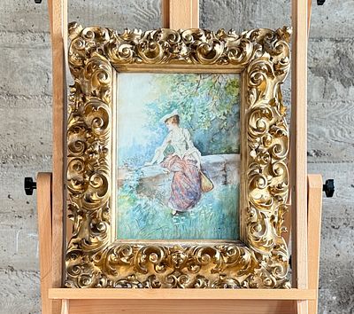 ANTIQUE GILTWOOD FRAME WITH WORK OF ART. This lot features a work of art housed in a stunning 