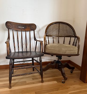 PAIR OF ANTIQUE CHAIRS. This lot features a pair of solid wood antique chairs. One of them is on 