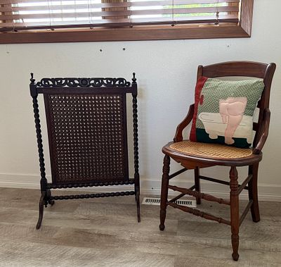NEW RENAISSANCE STYLE FIRE SCREEN & CHAIR. This lot features an antique chair along with a New 