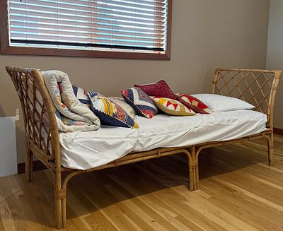 FRENCH BAMBOO & RATTAN DAYBED. This lot features a stunning mid-century French bamboo and rattan 