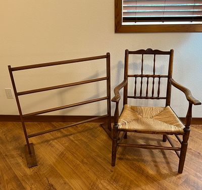 QUILT RACK & CHAIR. This lot features a solid wood quilt rack and antique chair.