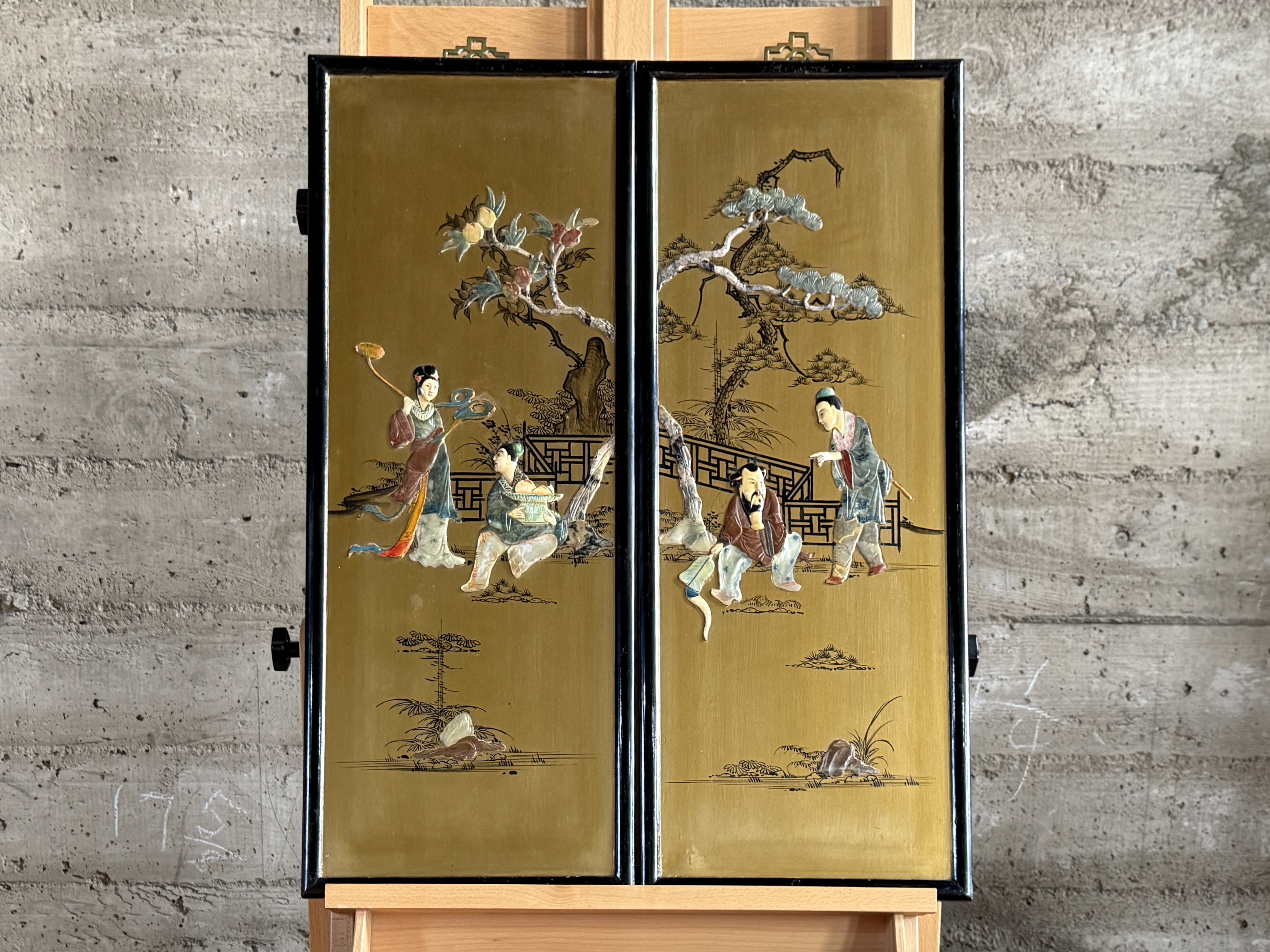 PAIR OF CHINESE WALL PANELS WITH INLAY