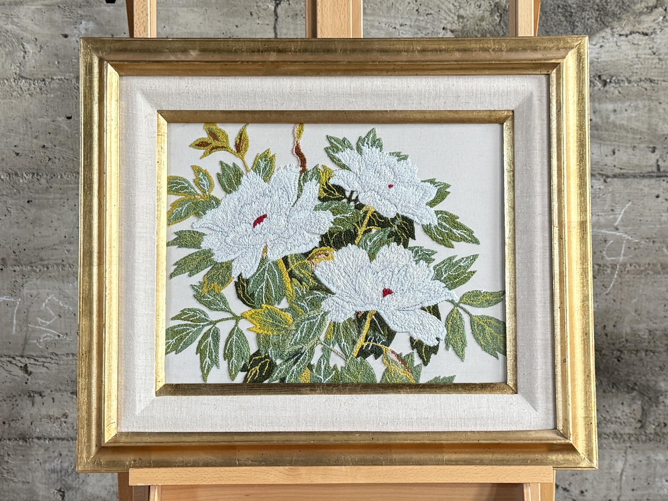 HAND EMBROIDERED CHRYSANTHEMUMS, FRAMED ARTWORK