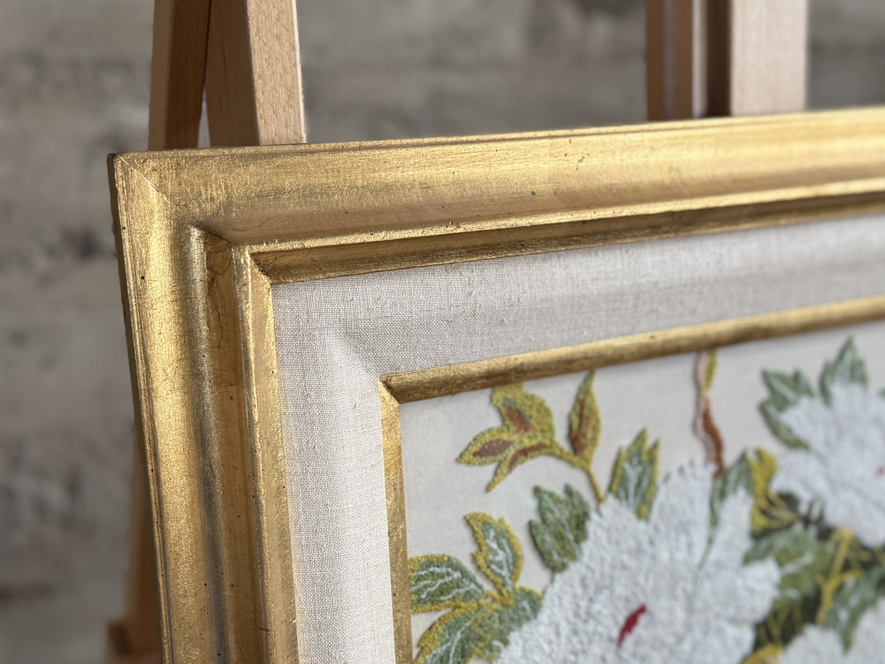 HAND EMBROIDERED CHRYSANTHEMUMS, FRAMED ARTWORK
