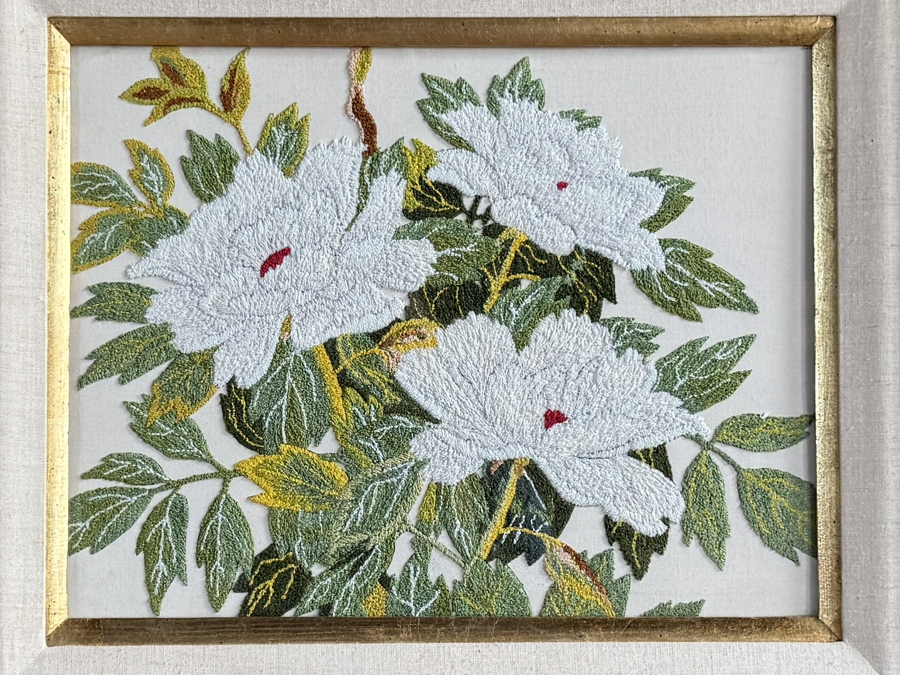 HAND EMBROIDERED CHRYSANTHEMUMS, FRAMED ARTWORK
