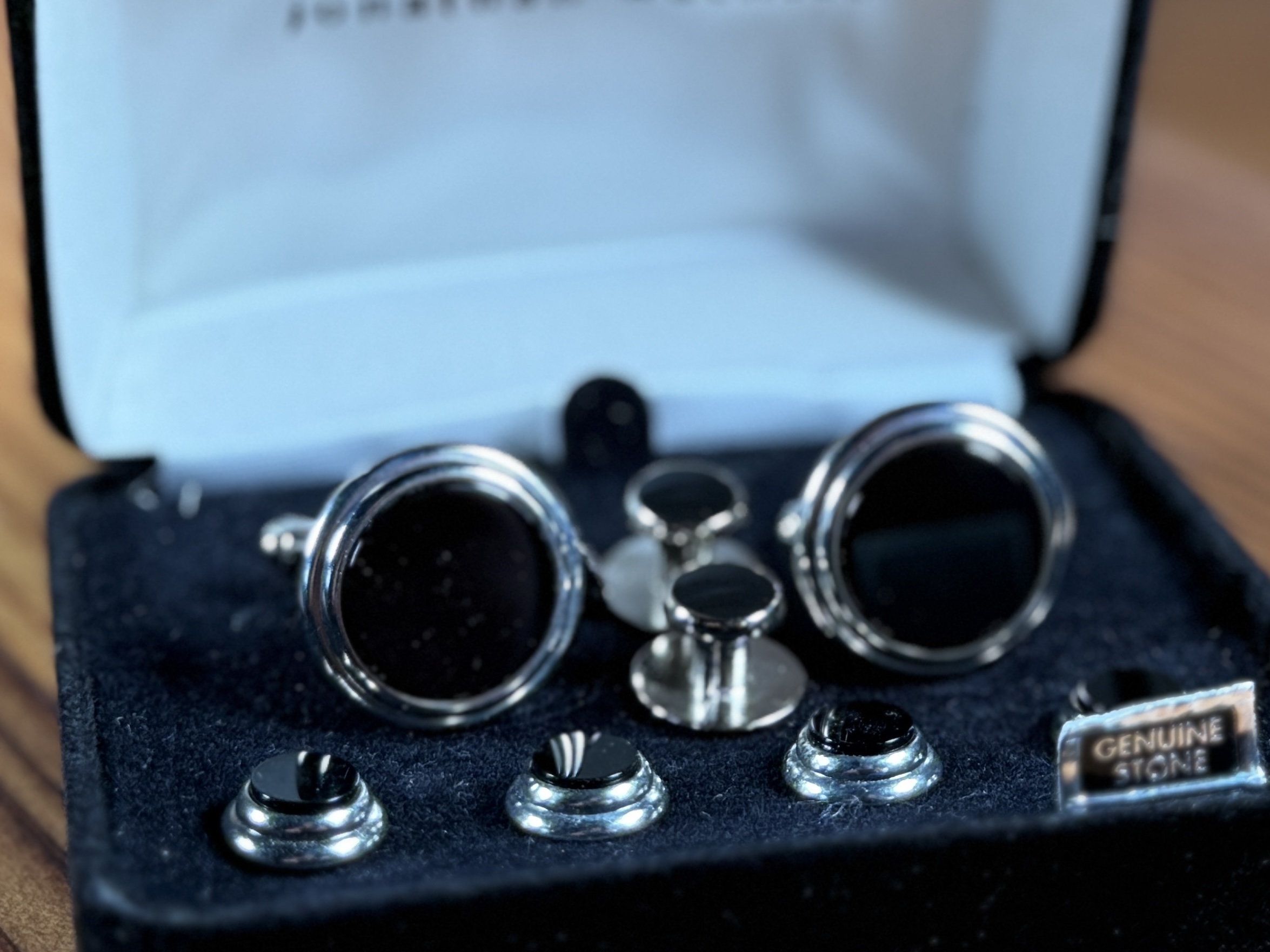 JONATHAN WACHTEL ONYX & SILVER CUFFLINK AND STUD SET