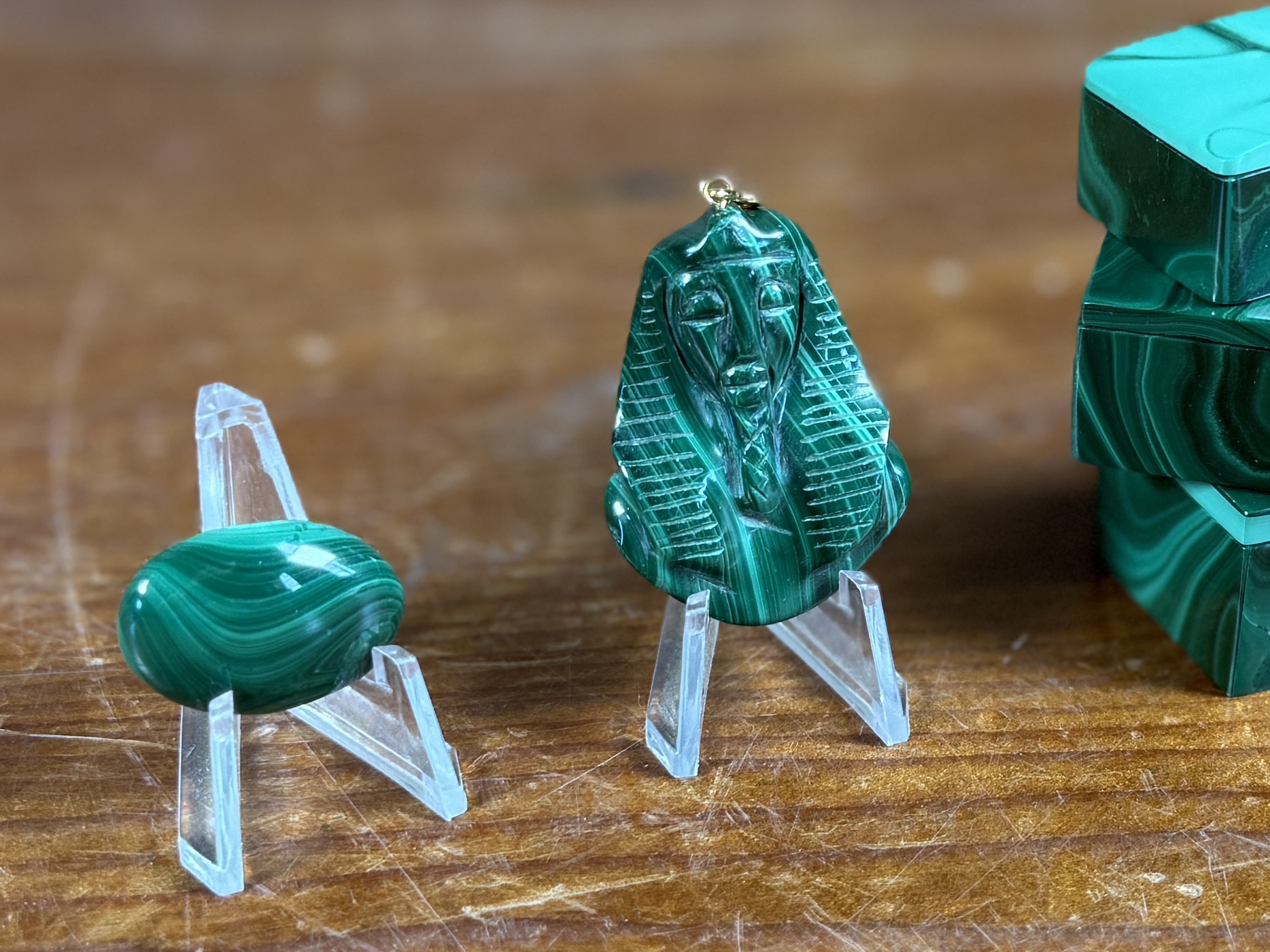 MALACHITE TRINKET BOXES, PENDANT, & CABOCHON