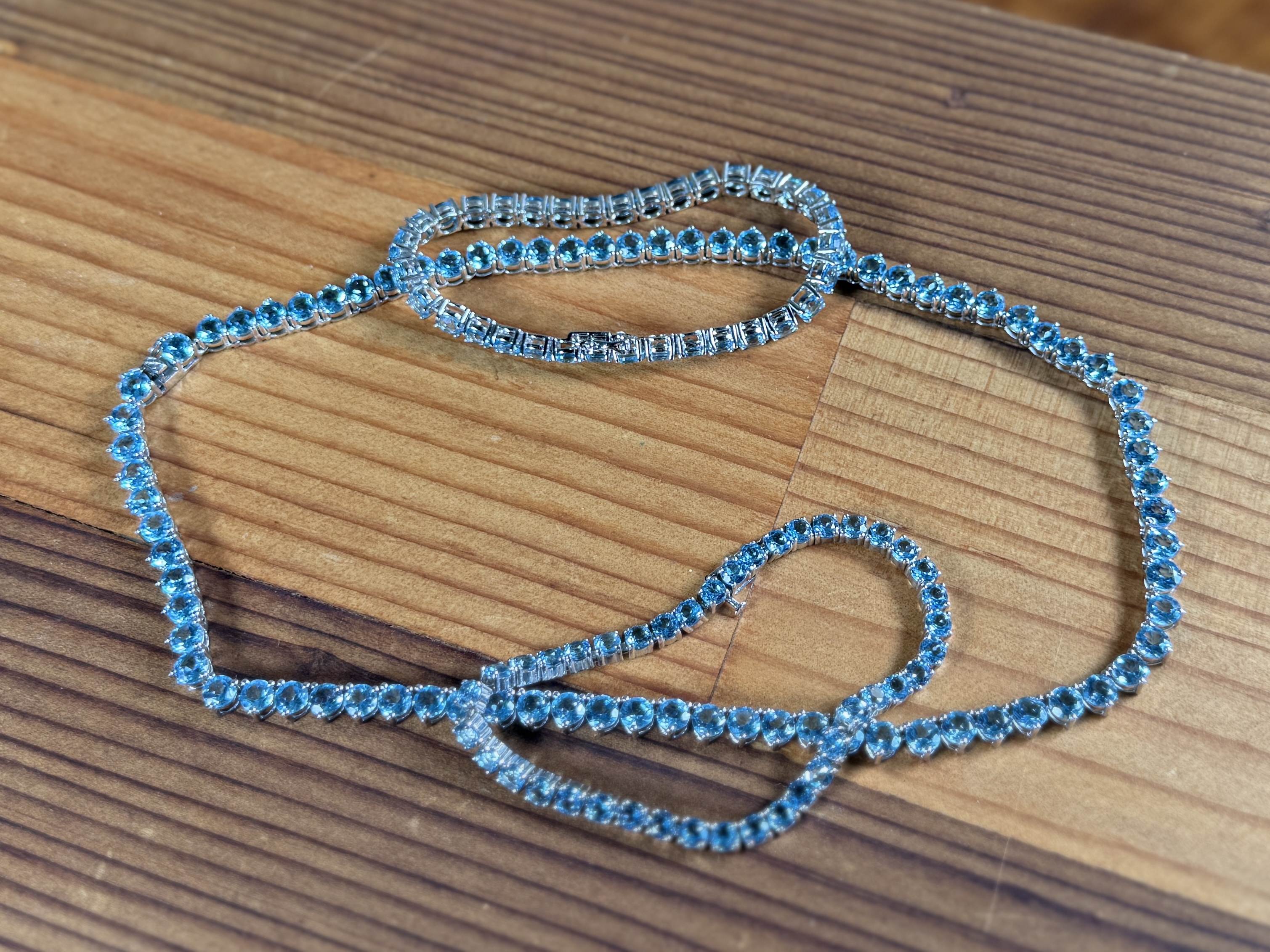 STERLING SILVER & BLUE TOPAZ NECKLACE & TENNIS BRACELETS