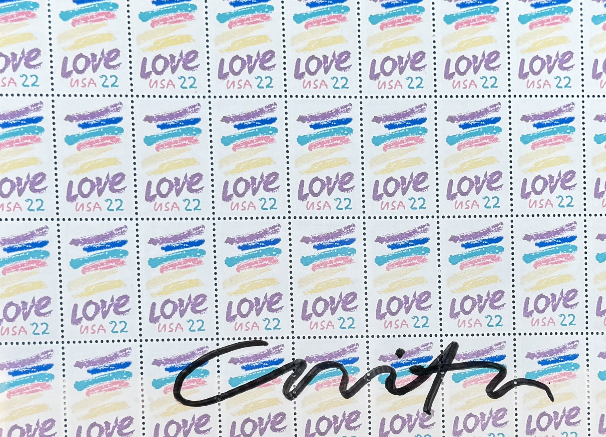 CORITA KENT, SIGNED STAMP SHEET