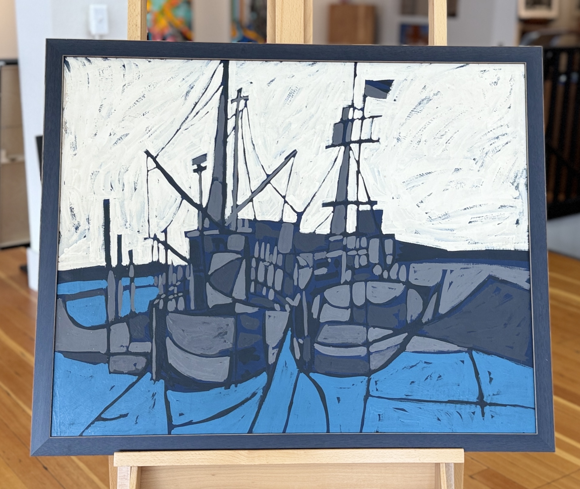 ABSTRACT TEXTURED PAINTING, "BOATS IN A HARBOR"