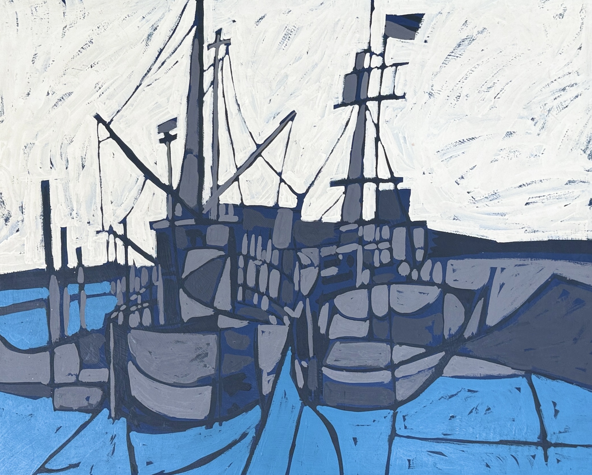 ABSTRACT TEXTURED PAINTING, "BOATS IN A HARBOR"