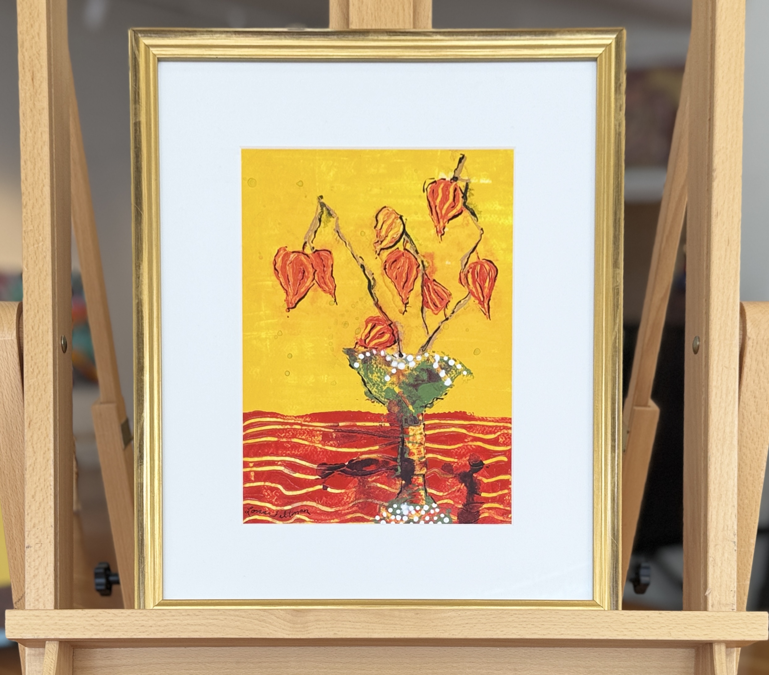 LONA FELDMAN, "CHINESE LANTERNS IN A GREEN VASE"
